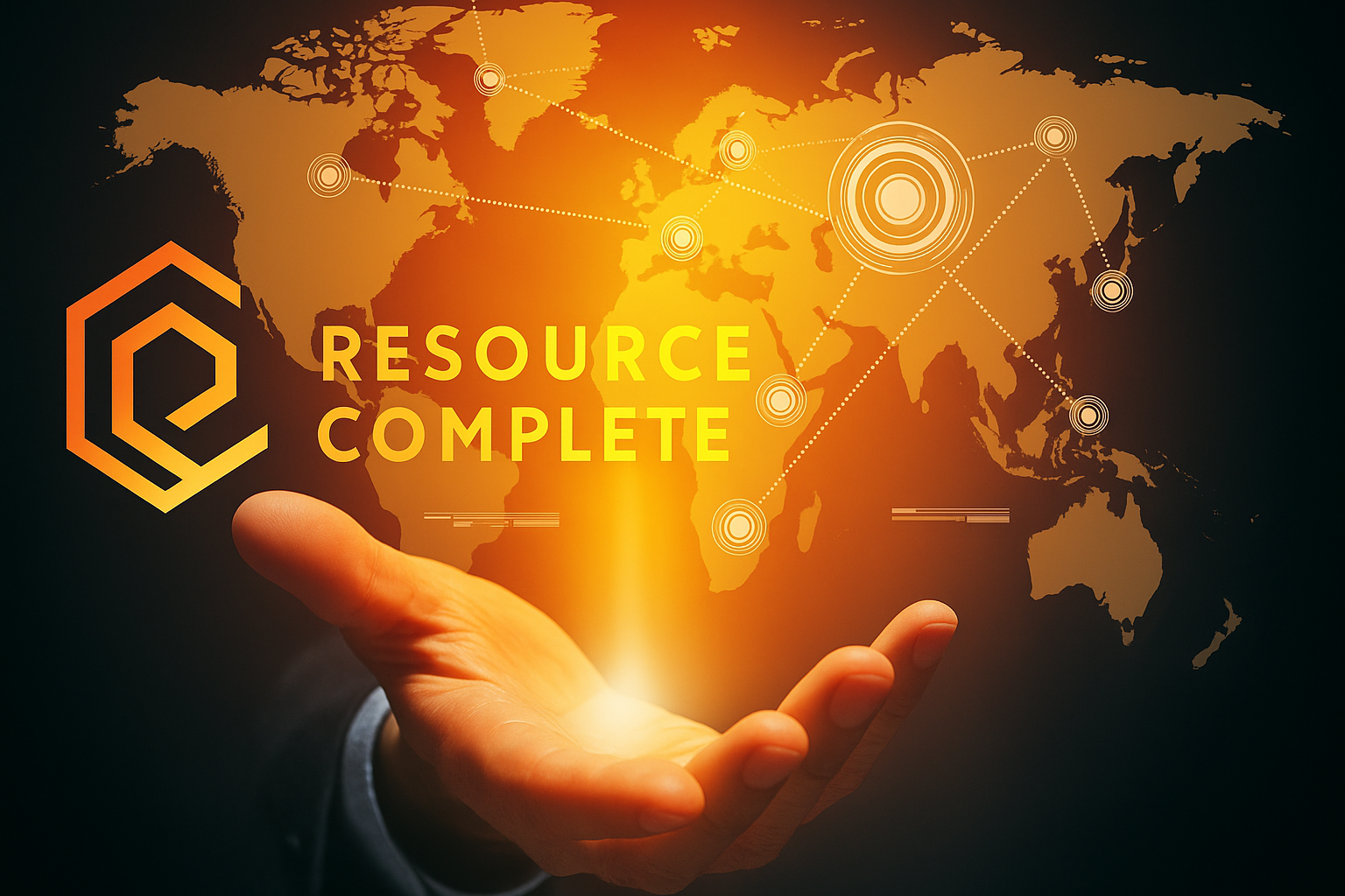 Resource Complete logo with a glowing hand beneath a connected world map, symbolizing global recruitment solutions.