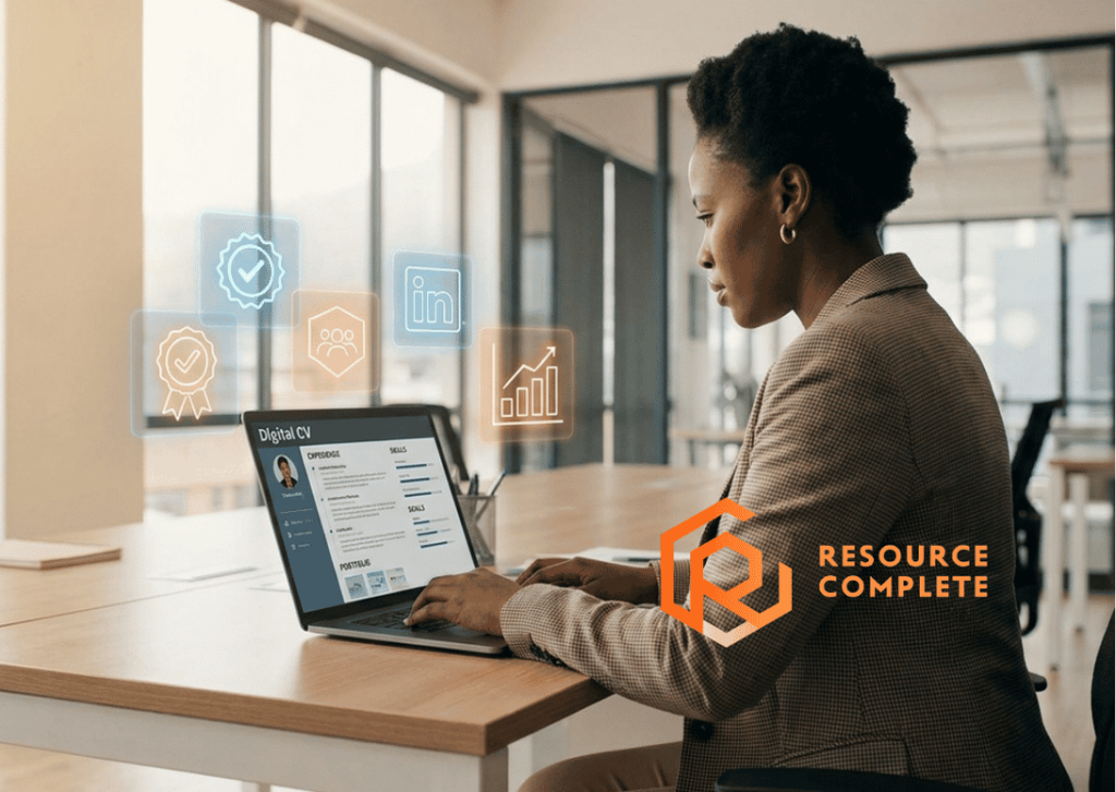 Professional evaluating the future of resumes and CVs using a digital Career Evidence Stack in a modern office.