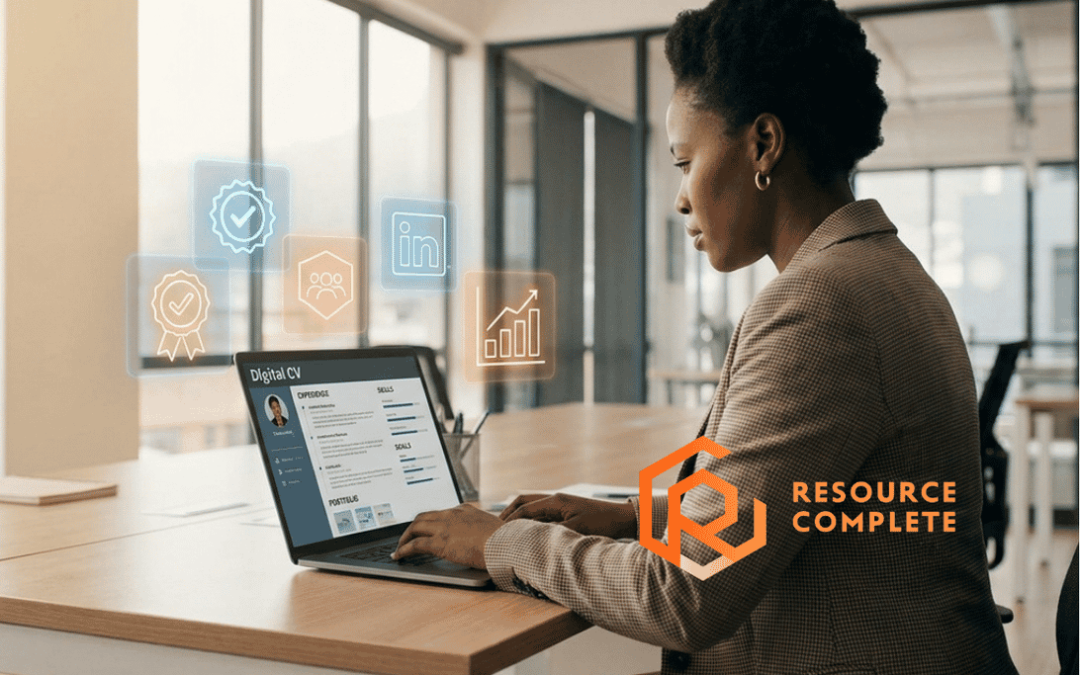 Professional evaluating the future of resumes and CVs using a digital Career Evidence Stack in a modern office.