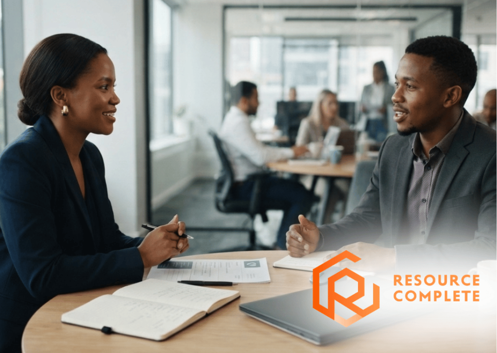 Recruiter and job candidate discussing a professional recruitment process designed to build candidate trust