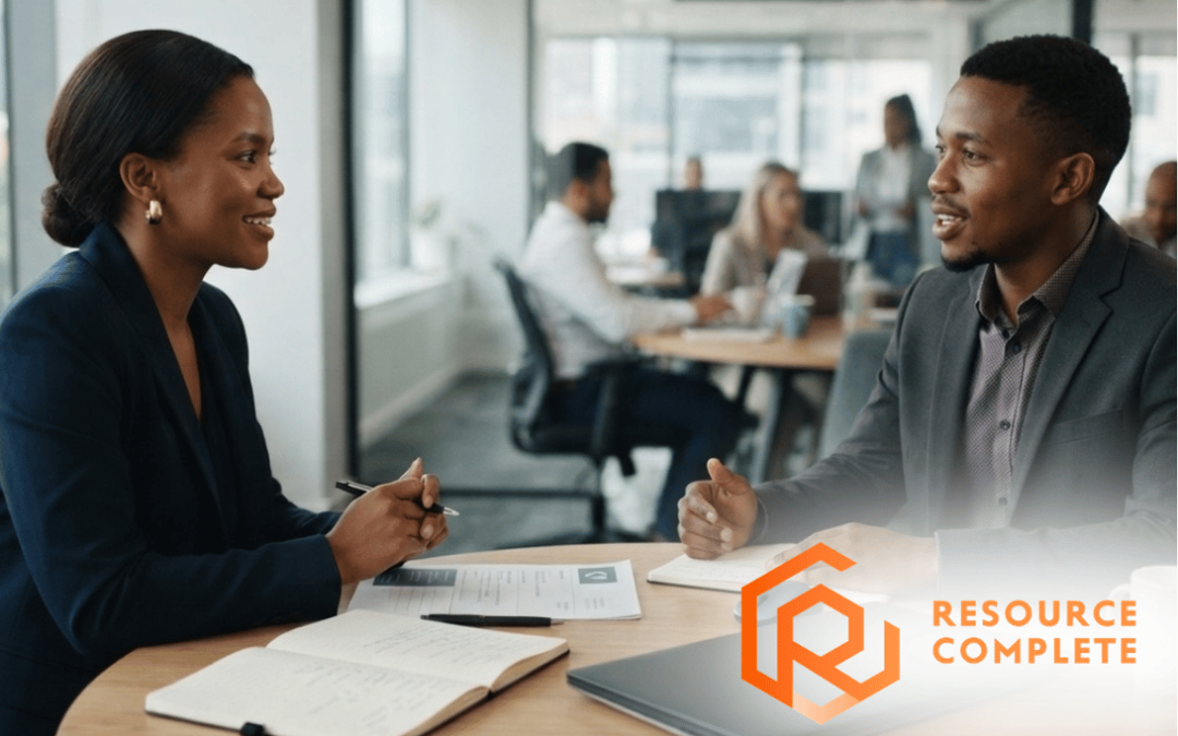 Recruiter and job candidate discussing a professional recruitment process designed to build candidate trust